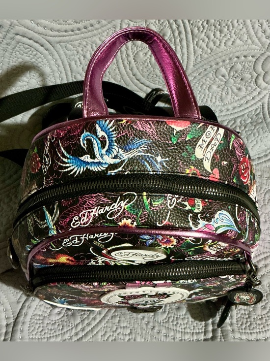 Ed Hardy Multi-Color Floral Skull Mini Backpack with Purple Trim main image 9